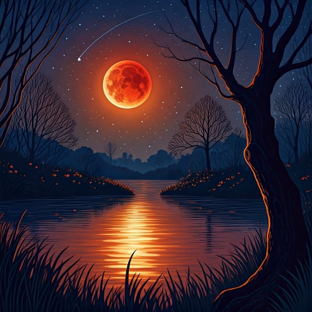 Blood Moon Reflection in Whimsical Watercolor Style