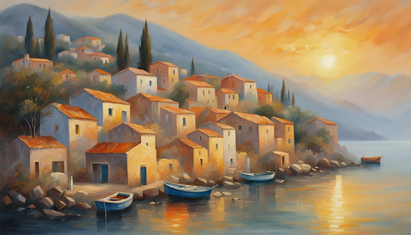 Mediterranean Fishing Village at Daybreak: Oil Painting