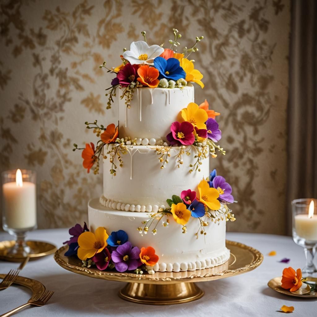 Elegant Wedding Cake with Fresh Flowers, Hyperrealistic Phot...