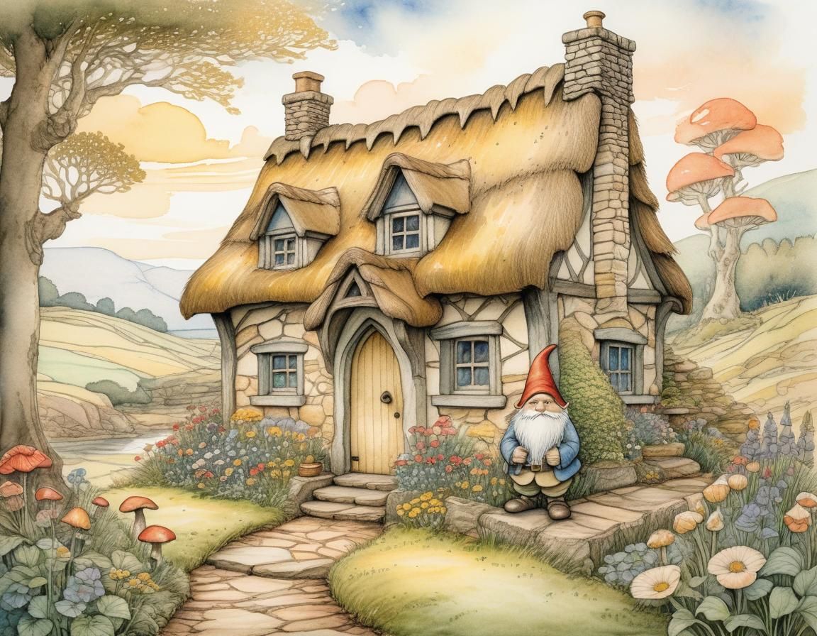 Charming Gnome Cottage in Colored Pencil and Watercolor