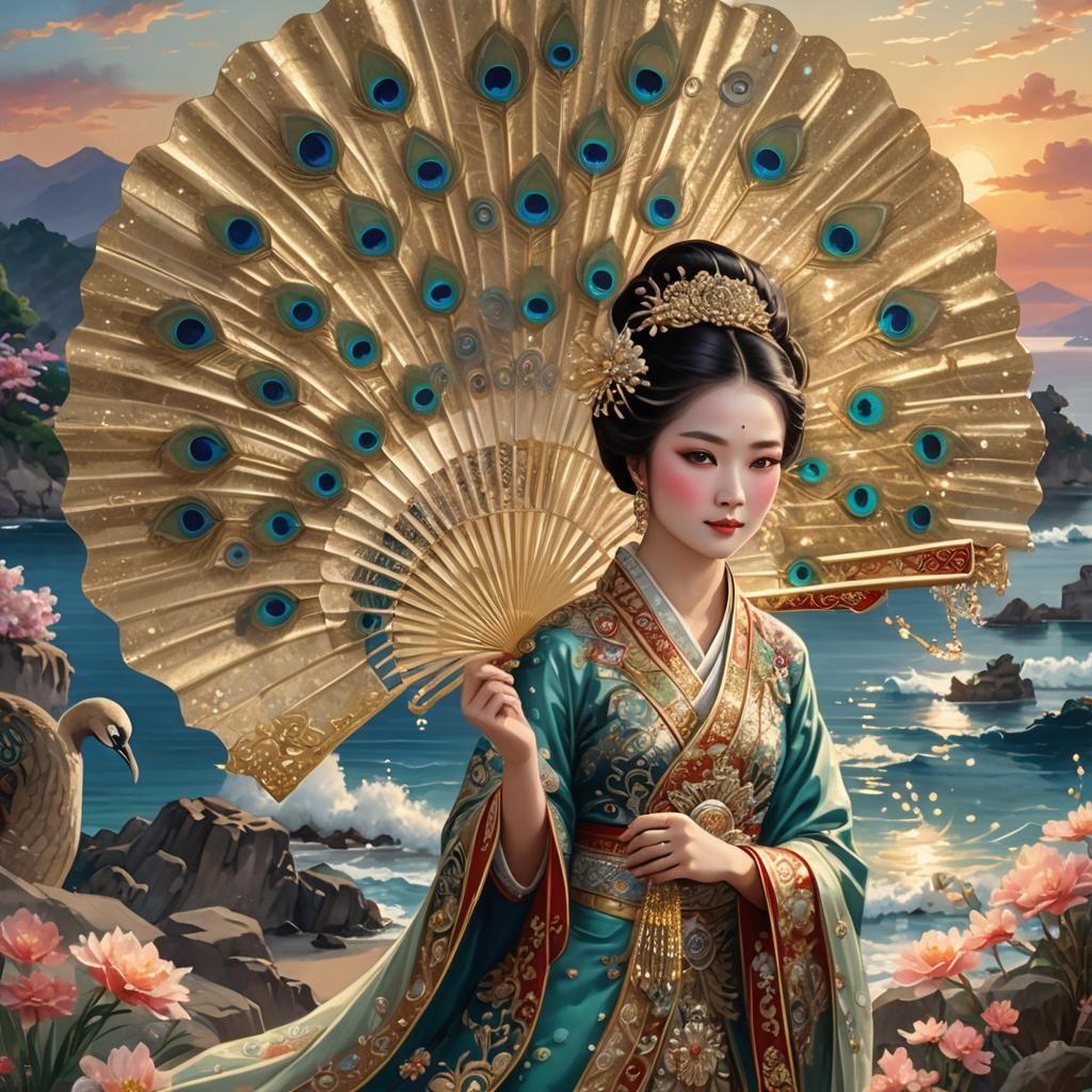 Beautiful Asian Lady with Ornate Fan by the Sea