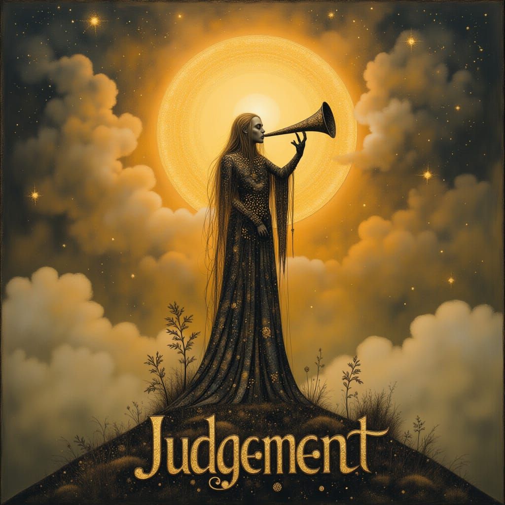 Tarot Card: Pagan Trumpeter in Mystical Realism Style