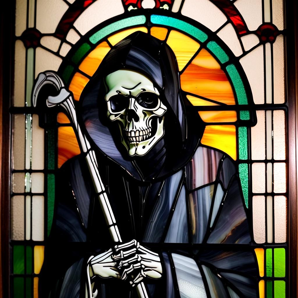 Art Deco Stained Glass Grim Reaper Portrait