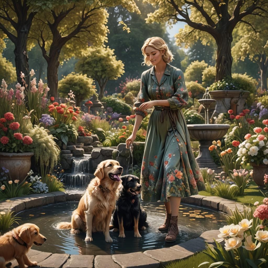 Lush Garden Scene with Woman and Puppy