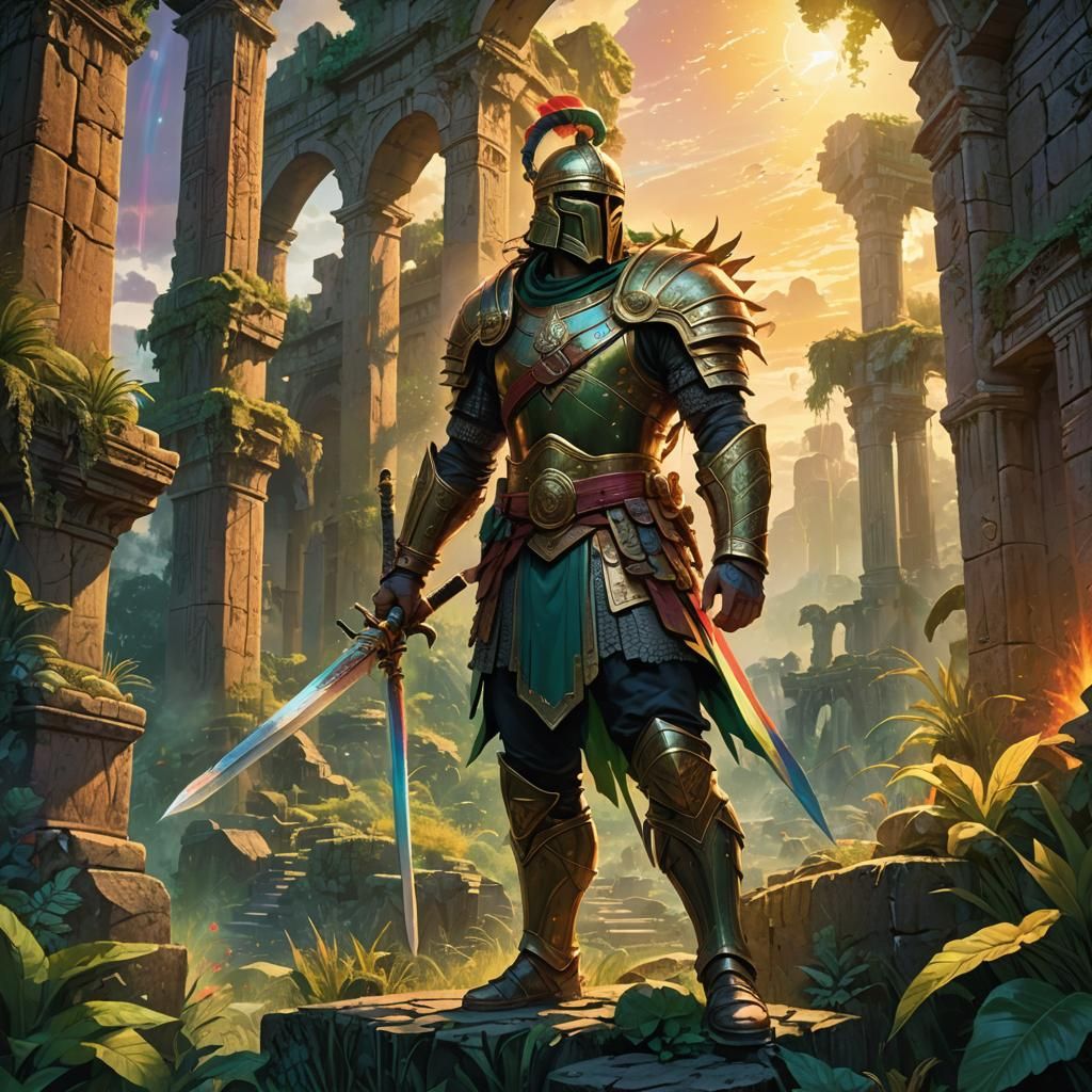 Victorious Warrior in Mystical Realm, Graphic Novel Style