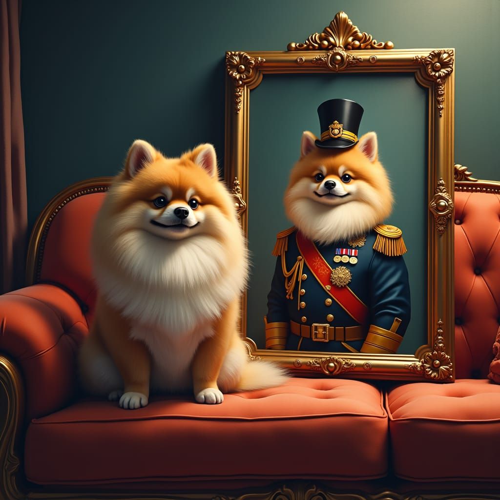 Pomeranian Dog Portrait in Military Uniform, Opulent Interio...