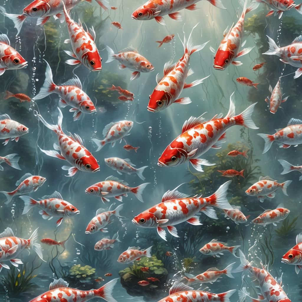 Koi Fish Swimming in Crystal Water, Luminism Style