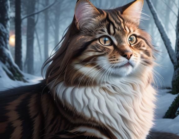 Siberian Cat Wizard in Snowy Forest, Anime Style