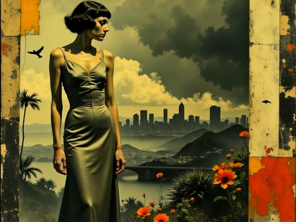 Los Angeles Film Noir Skyline in Art Deco Style