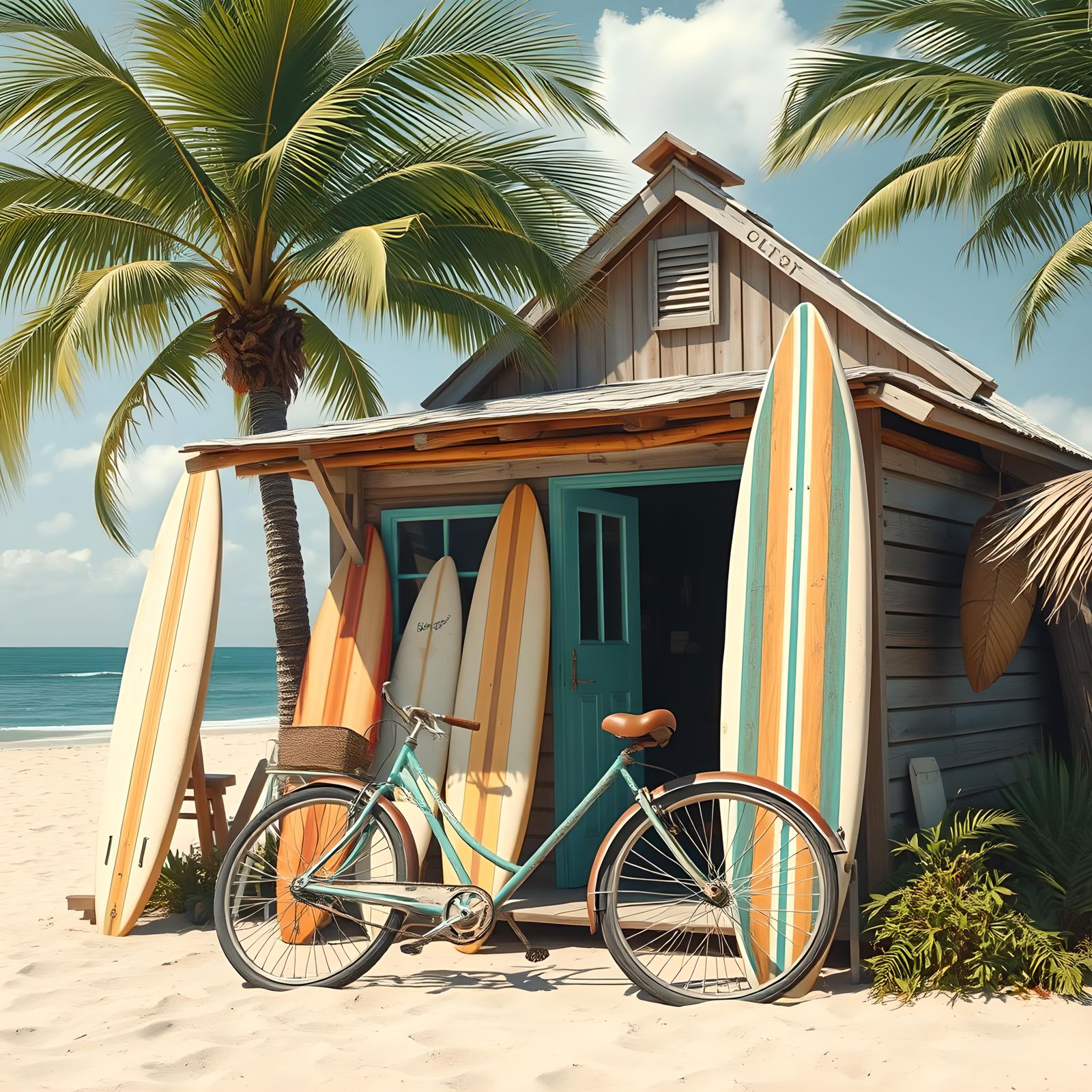 Vintage Surf Shack with Beach Bicycle, Abstract Art