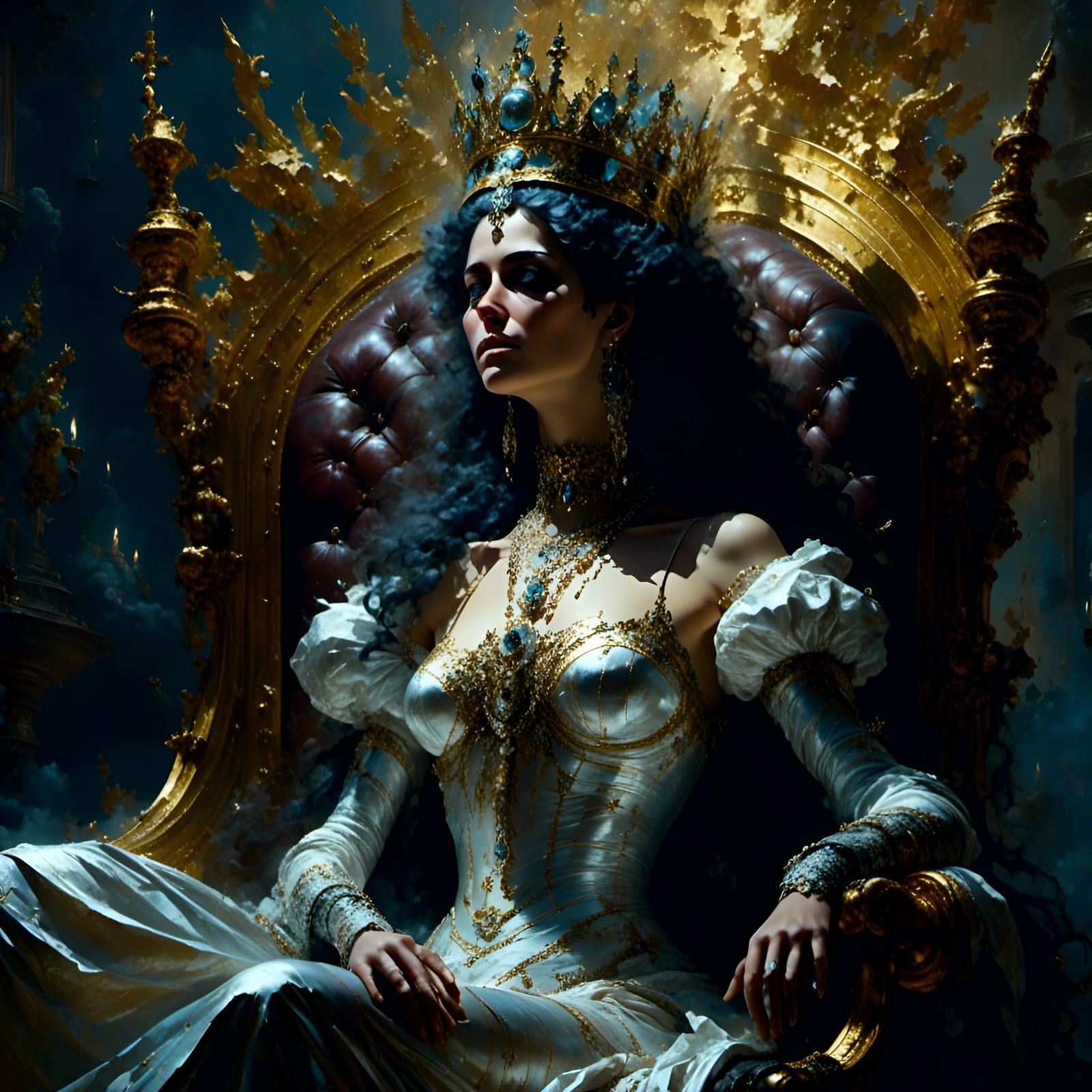 Solemn Queen in Dark Room, Oil Painting Style