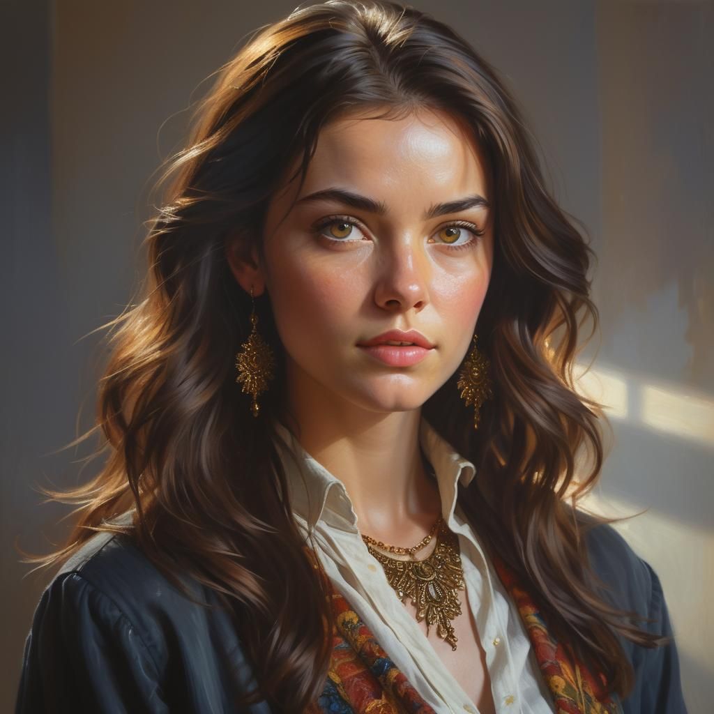 Stunning Brunette Portrait in Photorealistic Oil Painting St...
