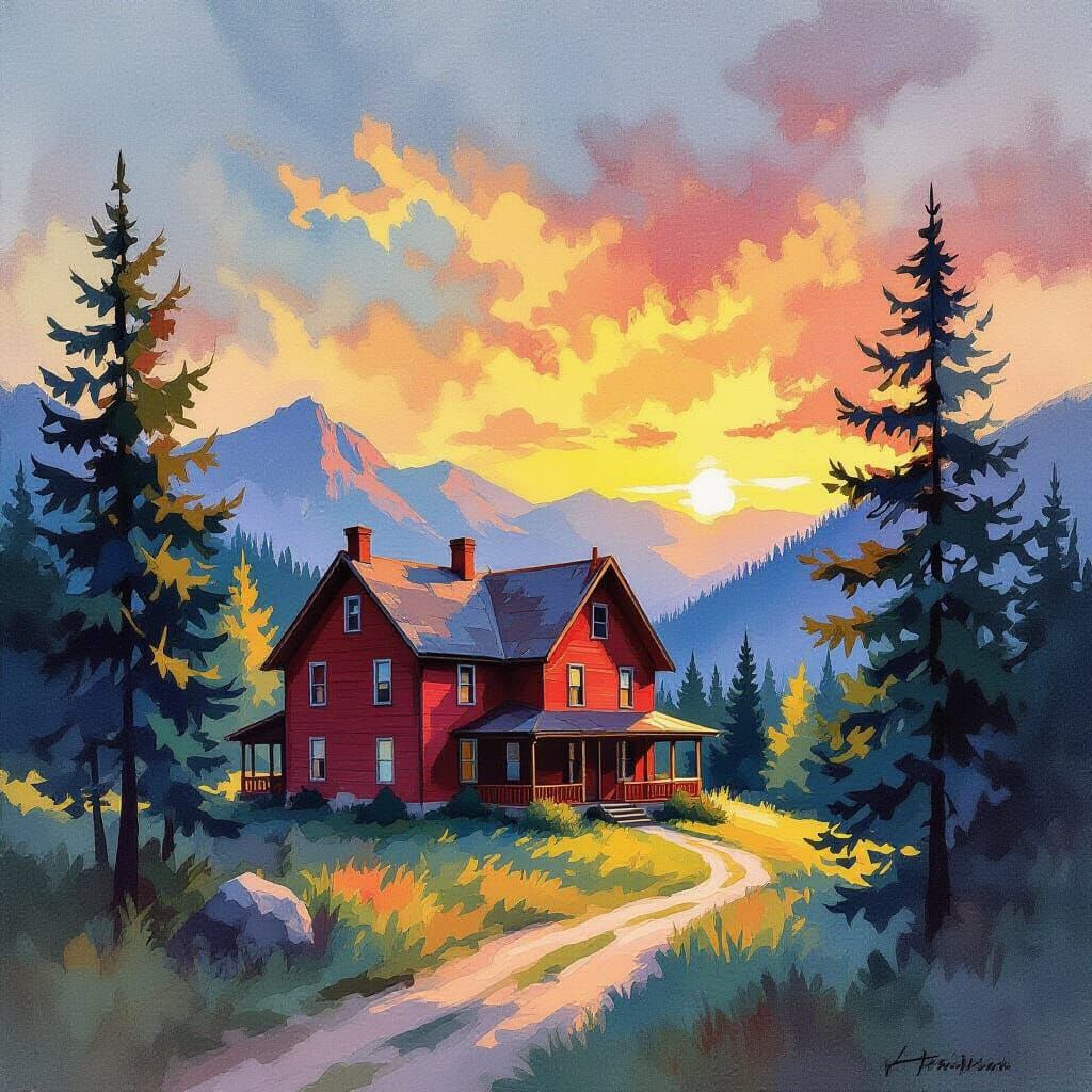 Rustic Red House in Mountain Landscape Watercolor Painting
