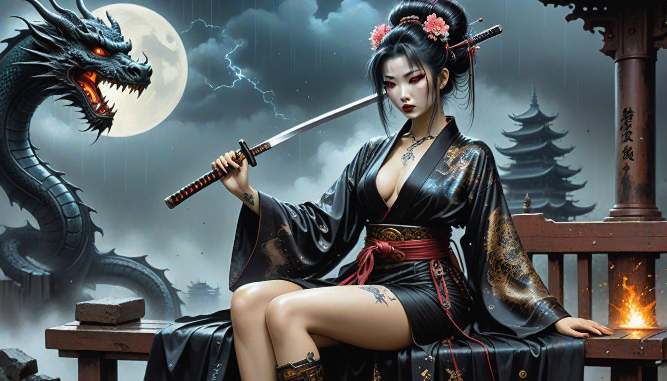 Mysterious Vampire Huntress in Cyberpunk Steampunk Style