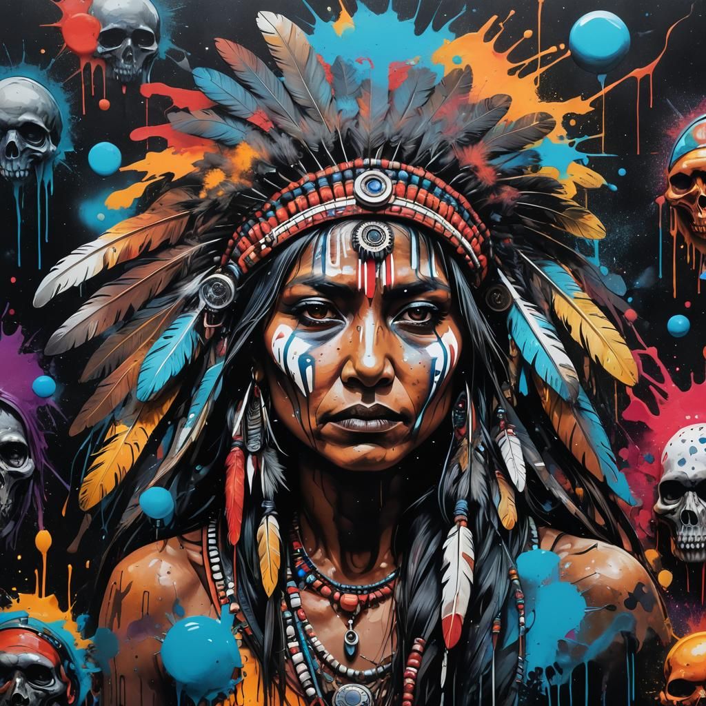 Native Indian Women on Dark Planet in Graffiti Art