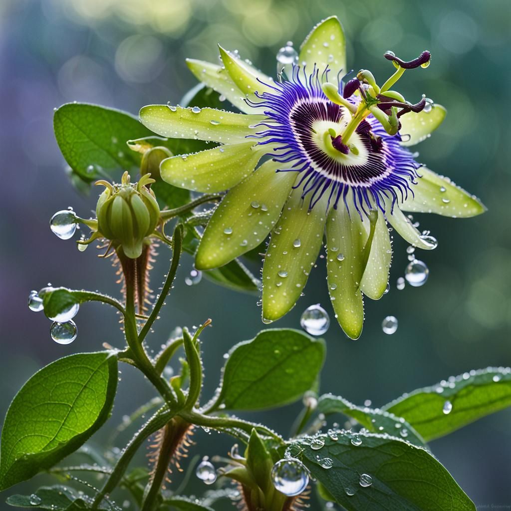 Passionflowers Awaken in Dew-Kissed Garden