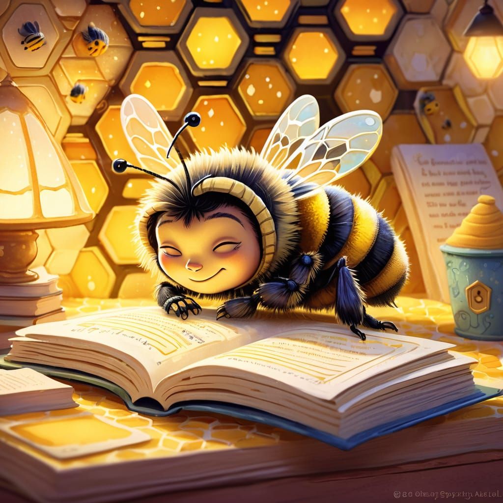 Bee Reading: Whimsical Watercolor Fantasy Illustration