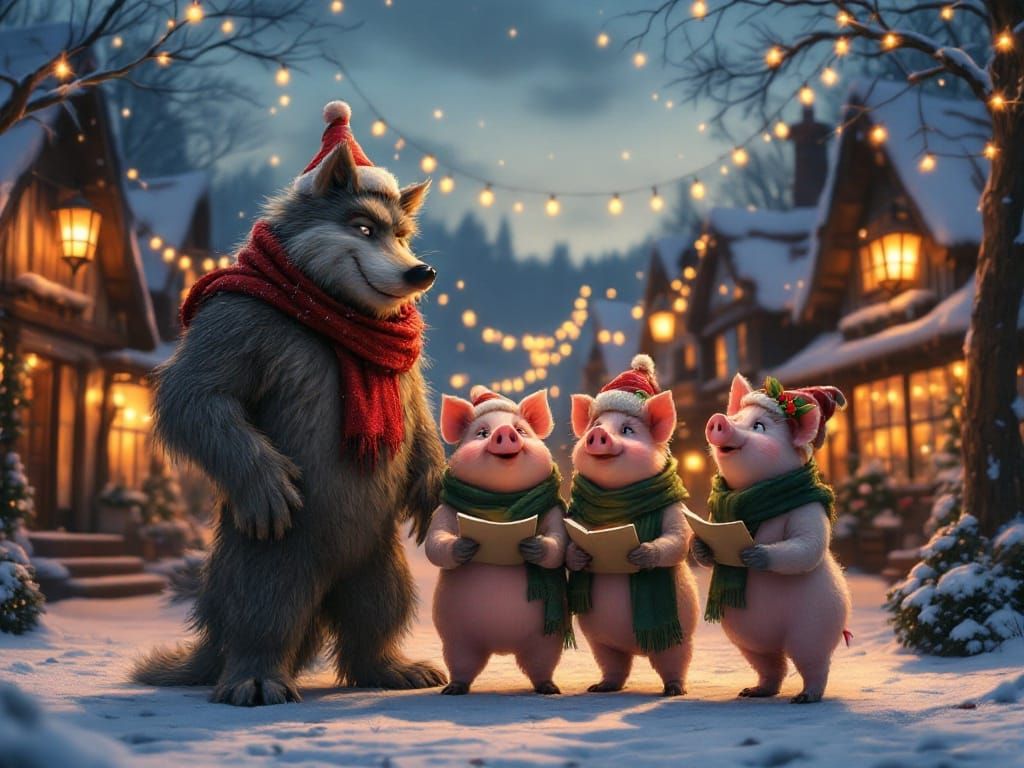 Surreal Holiday Scene: The Big Bad Wolf and Three Little Pig...