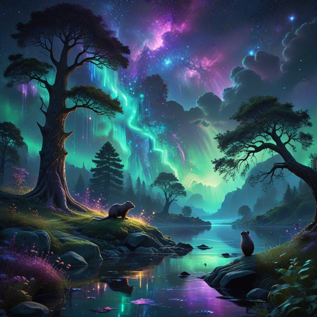 Cosmic Beaver Gazes at Starry River Landscape