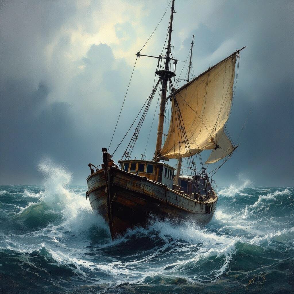 Stormy Seas: Fishing Vessel in Romantic Style