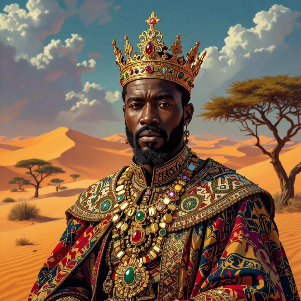 Regal African King in Ornate Desert Landscape