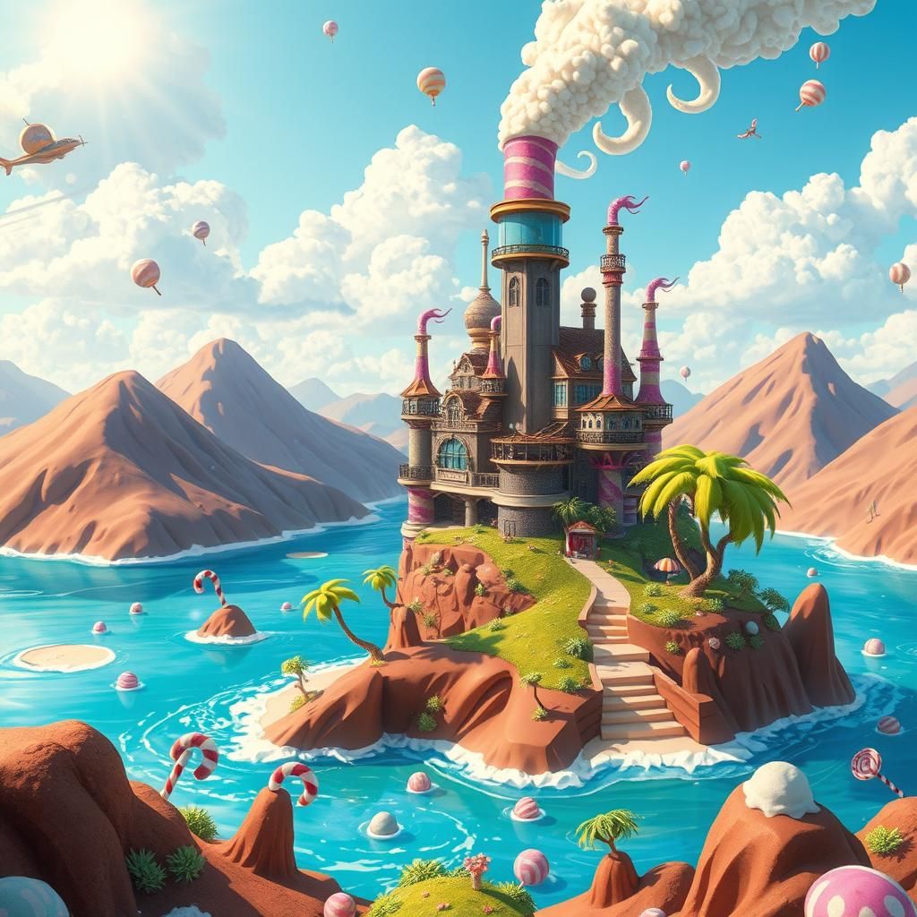 Chocolate Factory on Rocky Road Island, Whimsical Scene