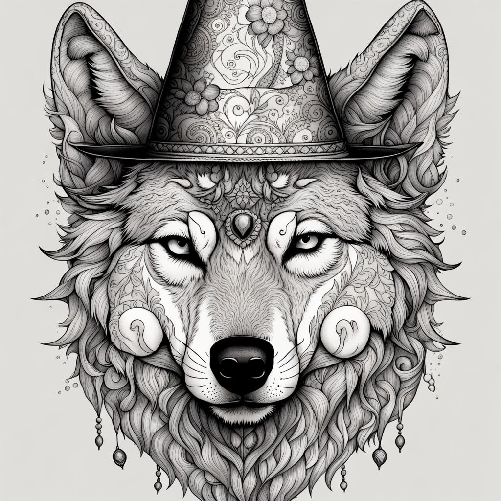 Wolf Wearing a Birthday Hat Line Art