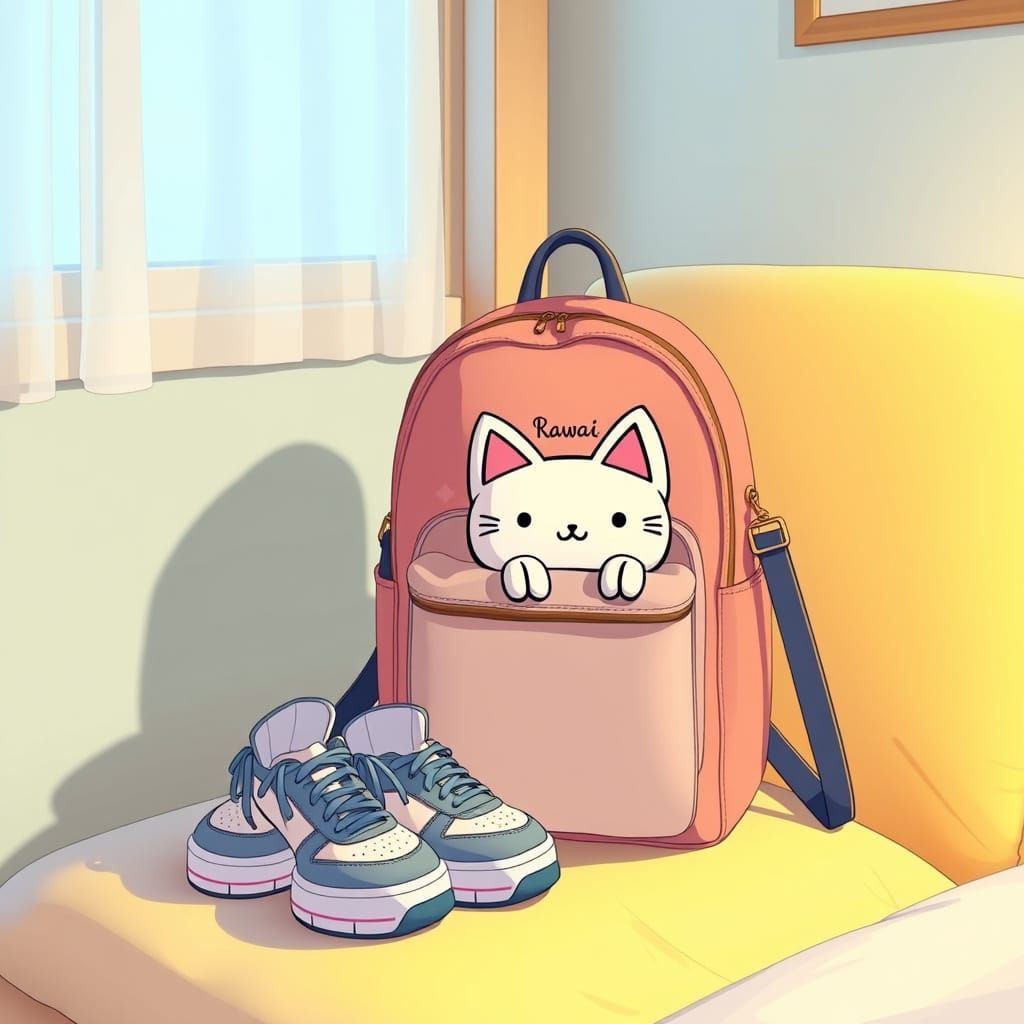 Cute Kawaii Backpack and Shoes in Japanese Girl's Bedroom