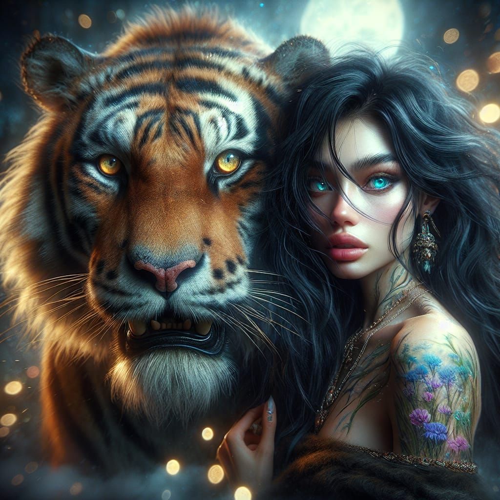 Sabretooth Tiger and Woman in Romantic Fairycore Style