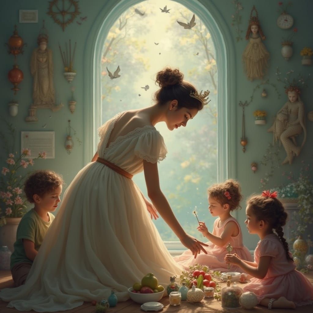 Mother Picking Up Crown in Whimsical Room