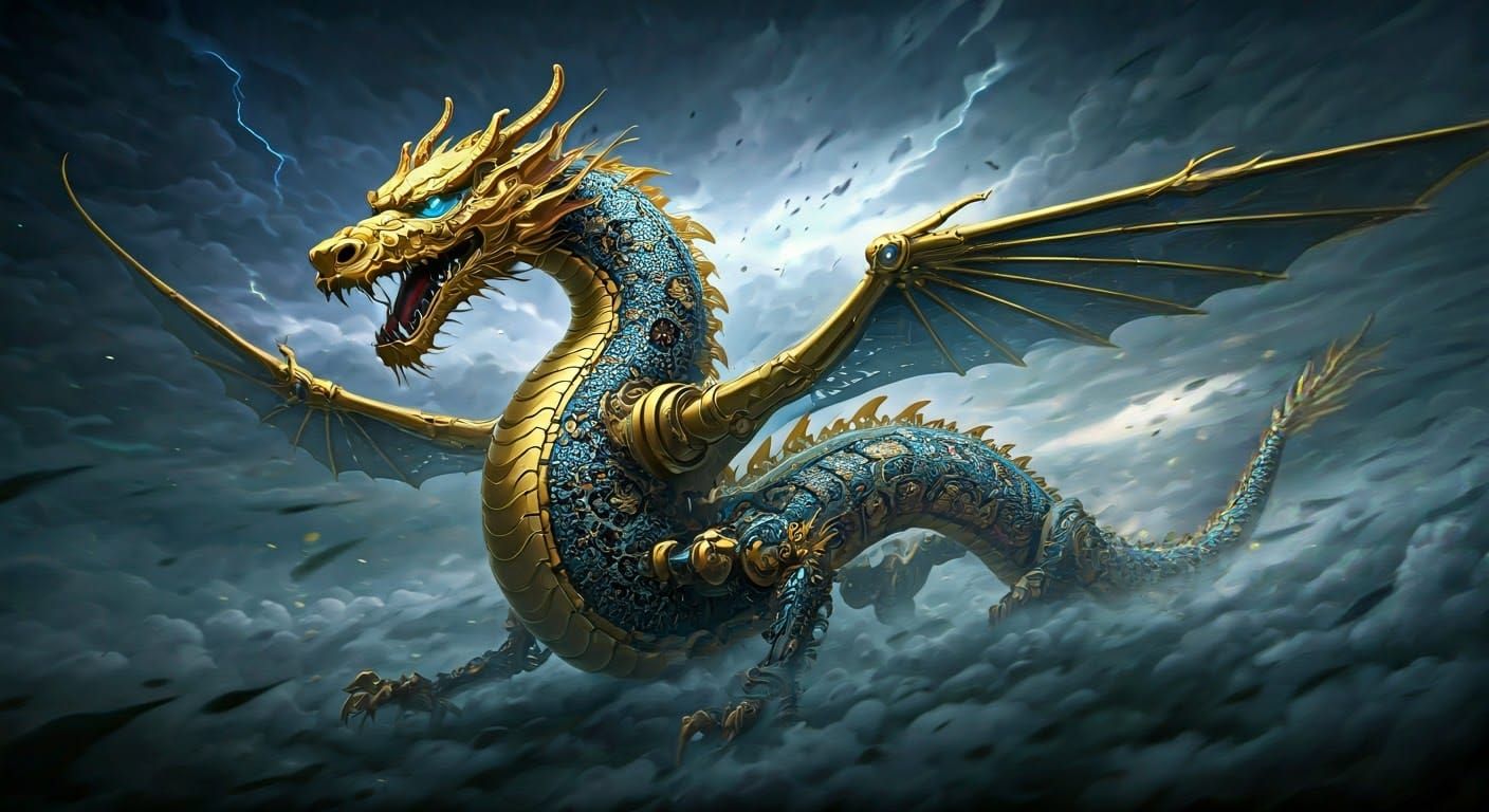 Robotic Dragon Train Soaring Through Storm