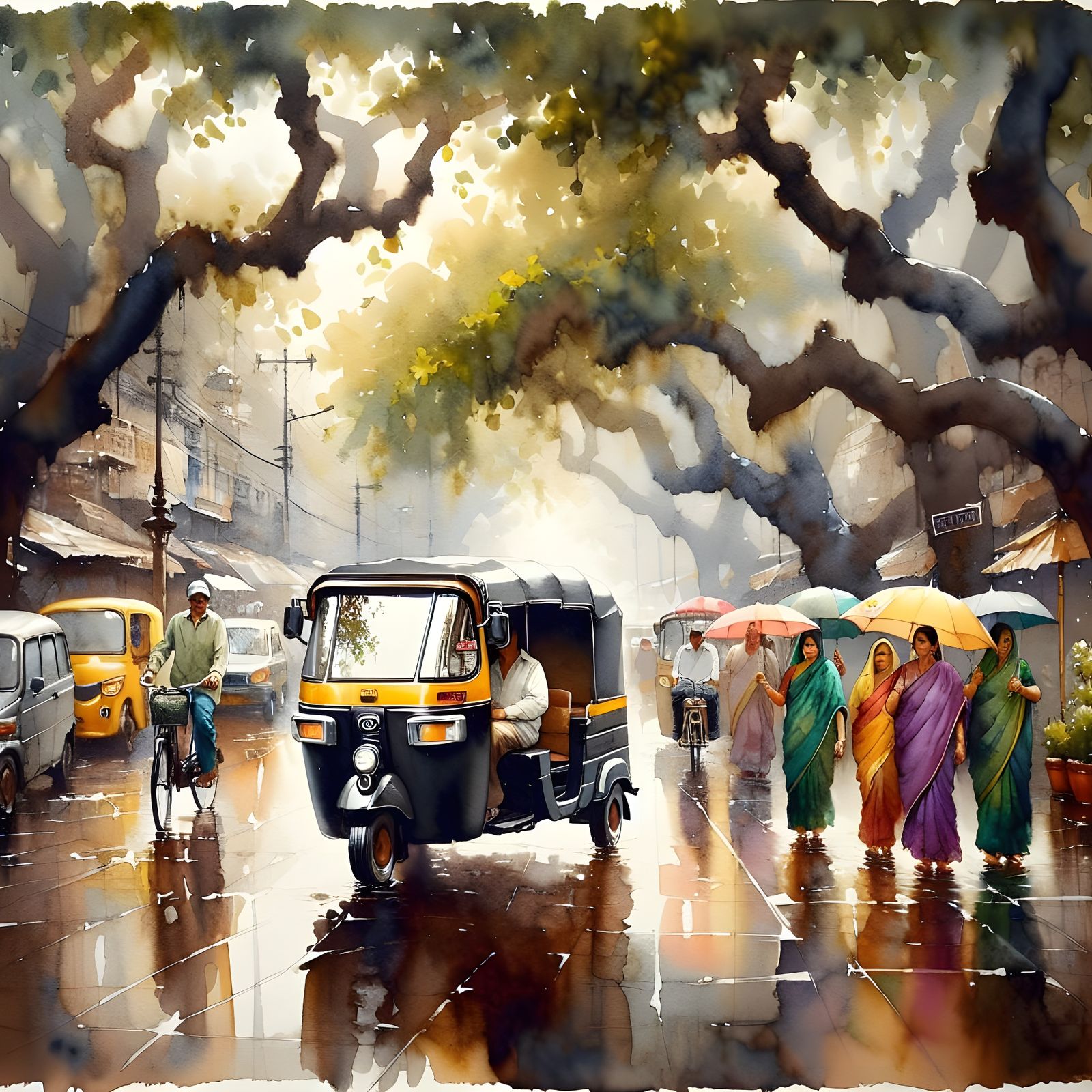 Rainy Indian Street Scene as Watercolor Painting