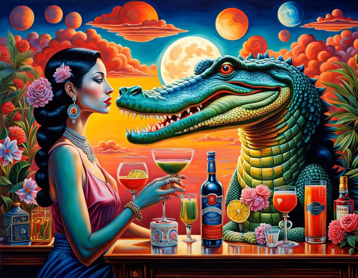Maximalist Bartender God Serves Crocodile Cocktail