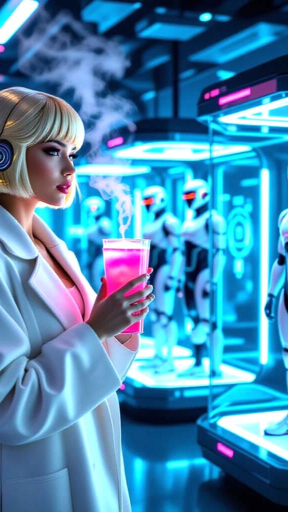 Woman and Robotic Men in Futuristic Display