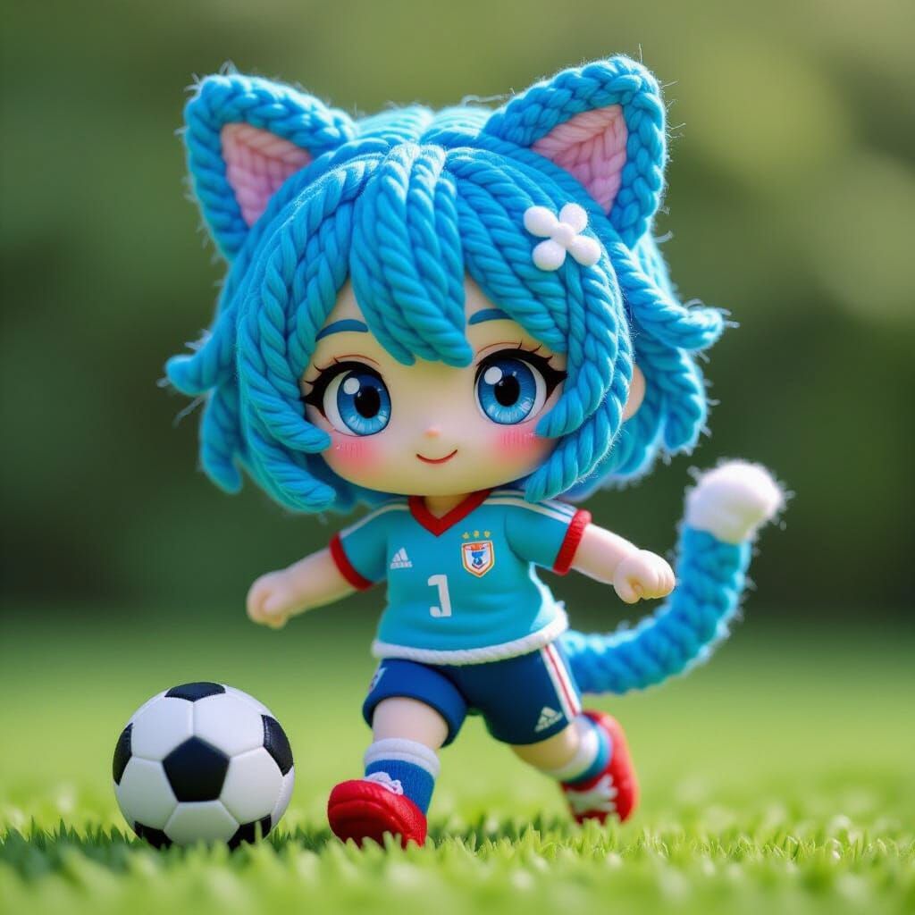Cute Yarn Cat-Girl Chasing Soccer Ball