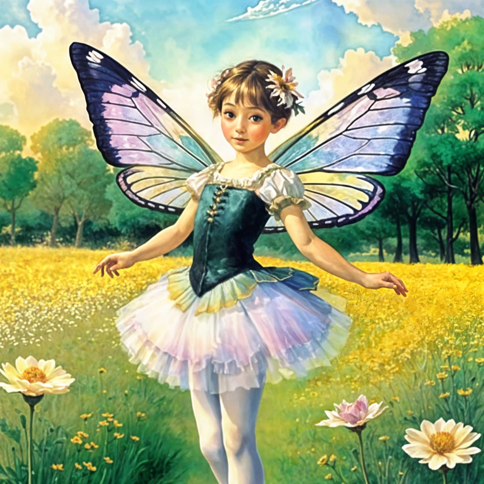 Delicate Ballerina Fairy in a Whimsical Watercolor Scene