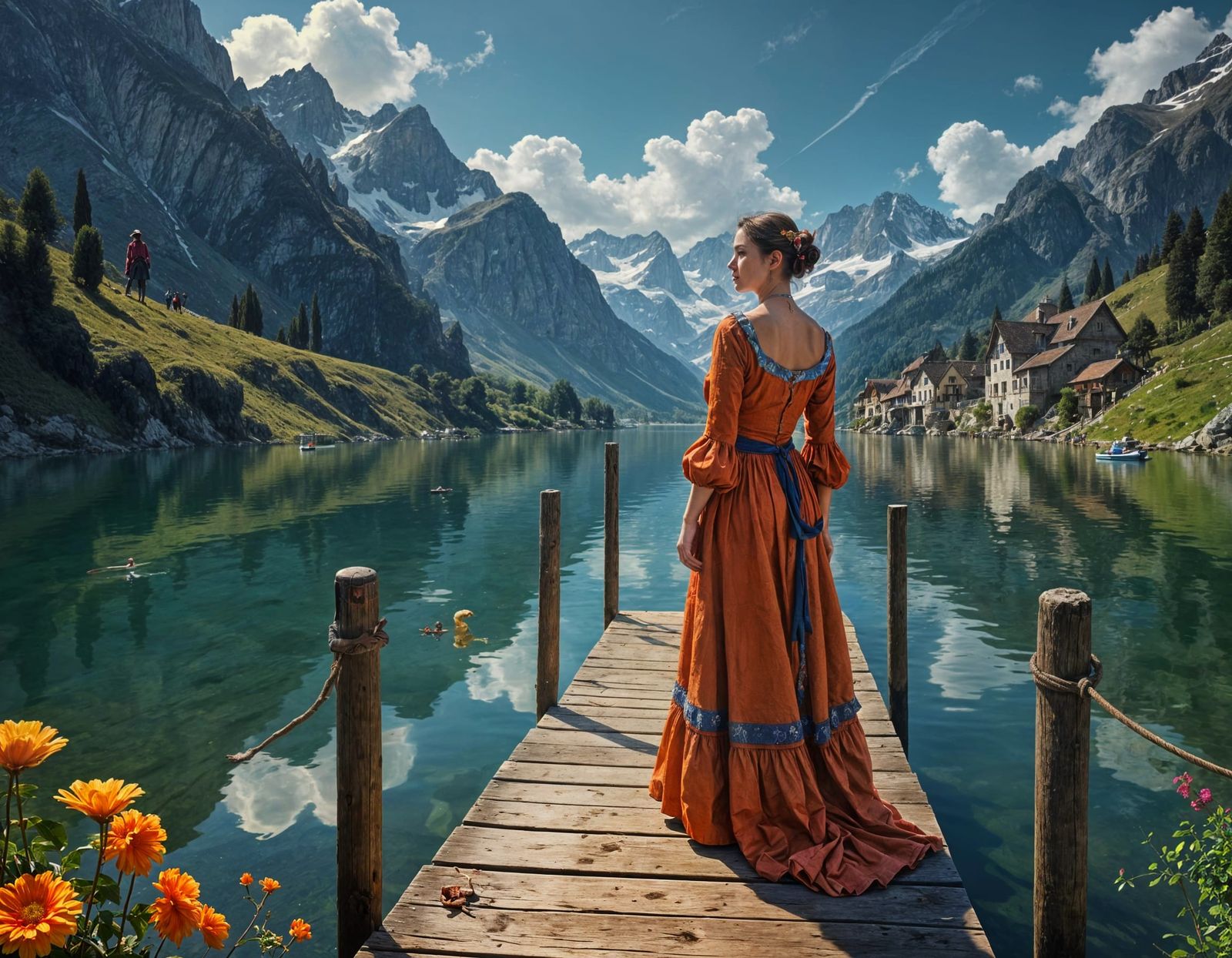 Surreal Lady on Alpine Lake Pier