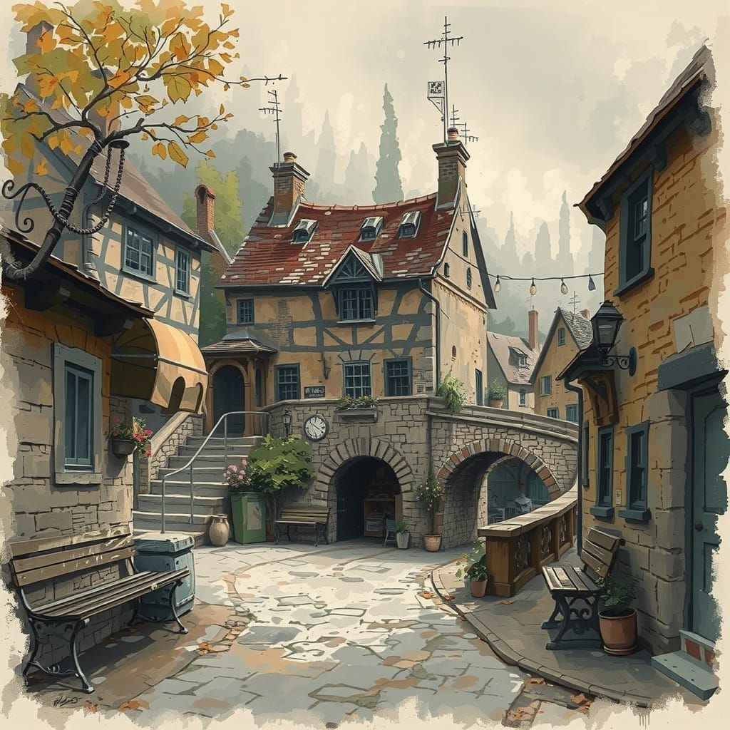 Country Village with Stone Bridge in Sepia Grisaille Style