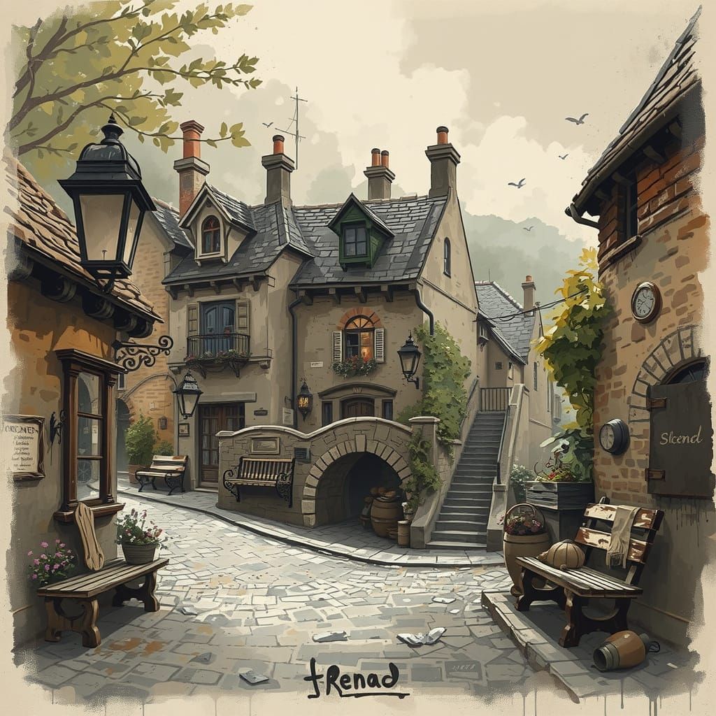 Country Village Scene with Stone Bridge in Grisaille Sketch ...