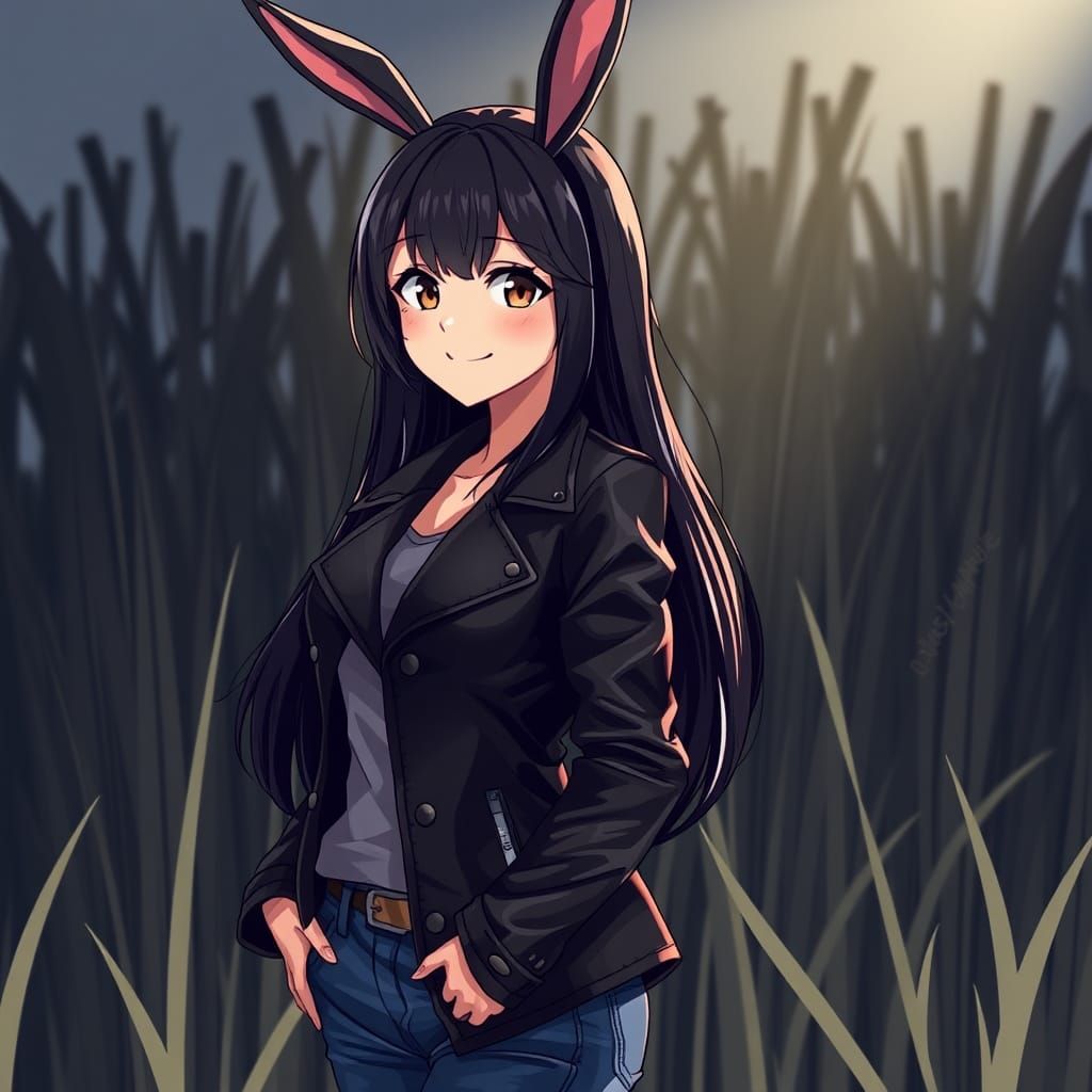 Anime Woman with Rabbit Ears in Tall Grass