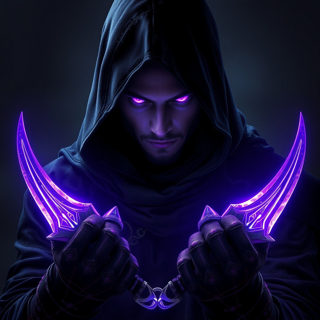 Mystical Rogue with Glowing Daggers in Dark Fantasy Style