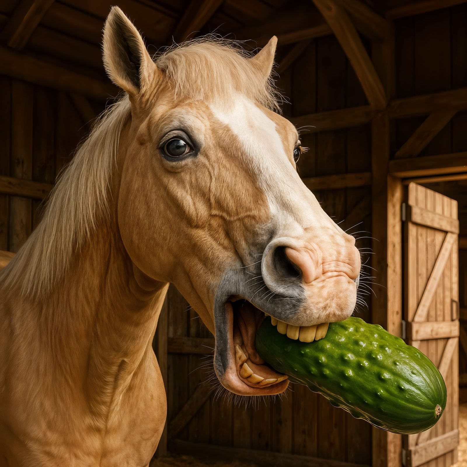 Mr. Ed Horse Eats Giant Pickle in Barn