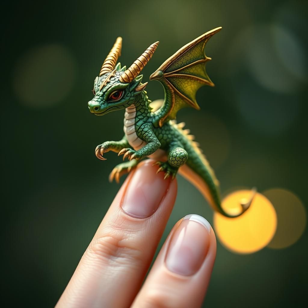 Miniature Dragon Perched on Finger: Fantasy Art