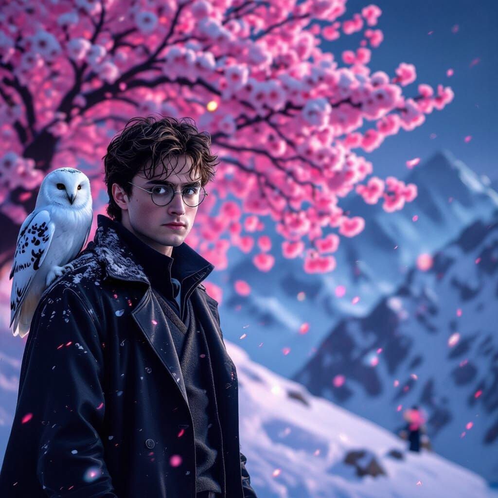 Cyberpunk Harry Potter on Snowy Mountain with Hedwig