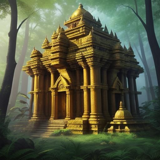 Mystical Vimana Aircraft in Ancient Forest: Oil Painting