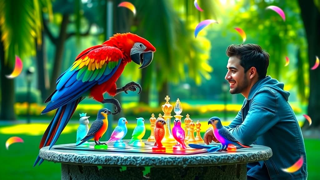 Whimsical Macaw Chess Match in a Lush Green Park