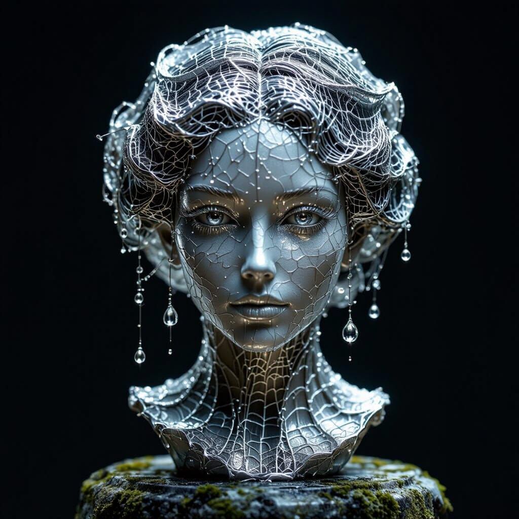 Hyperrealistic Sculpture of Woman in Silk and Dewdrops