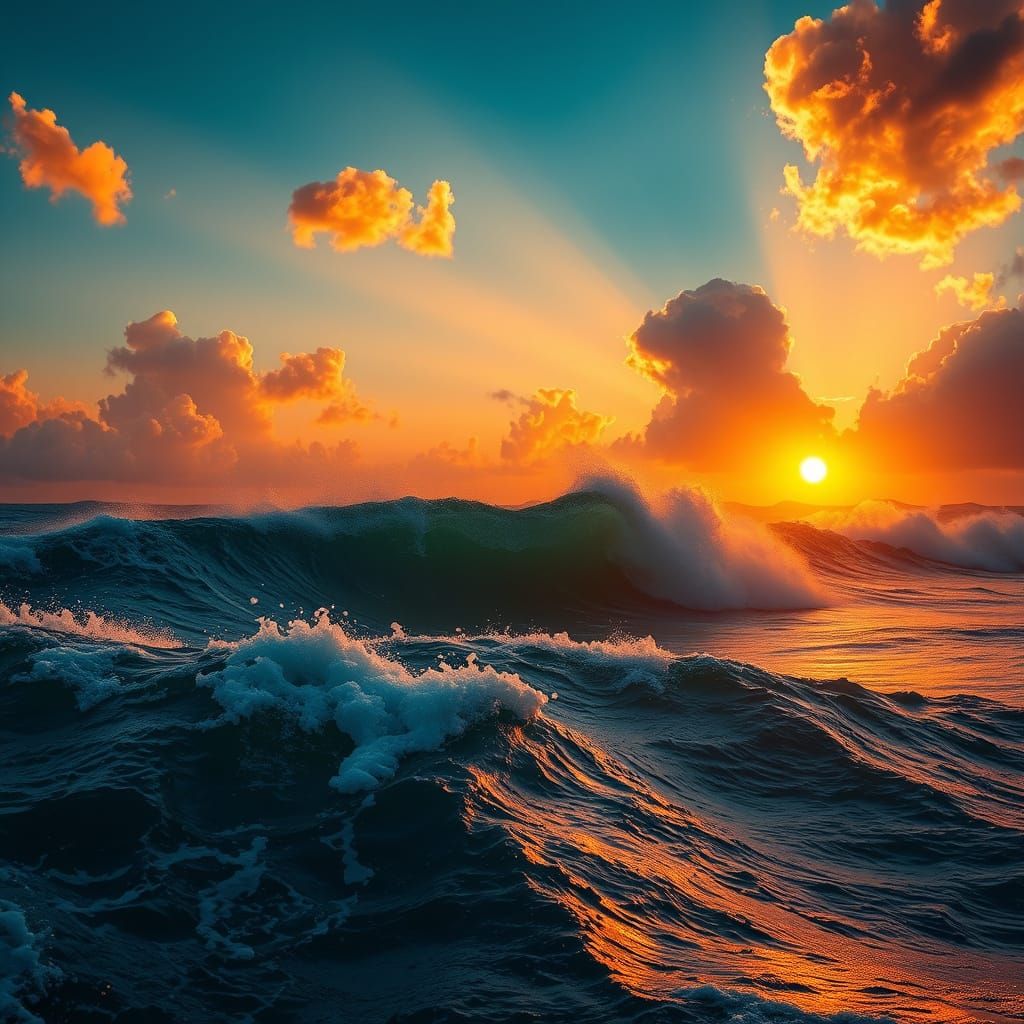 Majestic Ocean Waves at Sunset in HDR Lighting