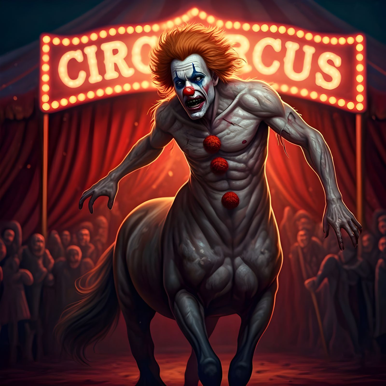 Angry Sad Clown Centaur Rushes into Crowd