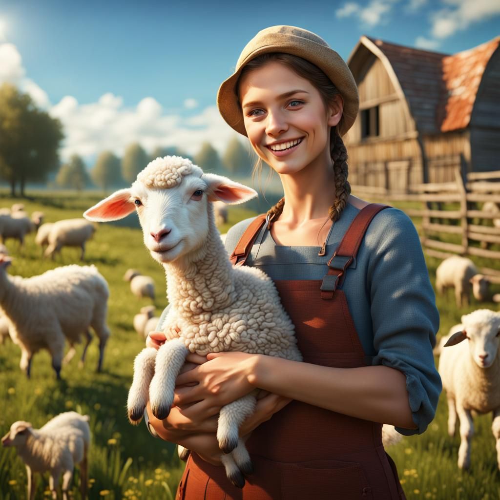 Smiling Farmer Girl with Lamb in Countryside